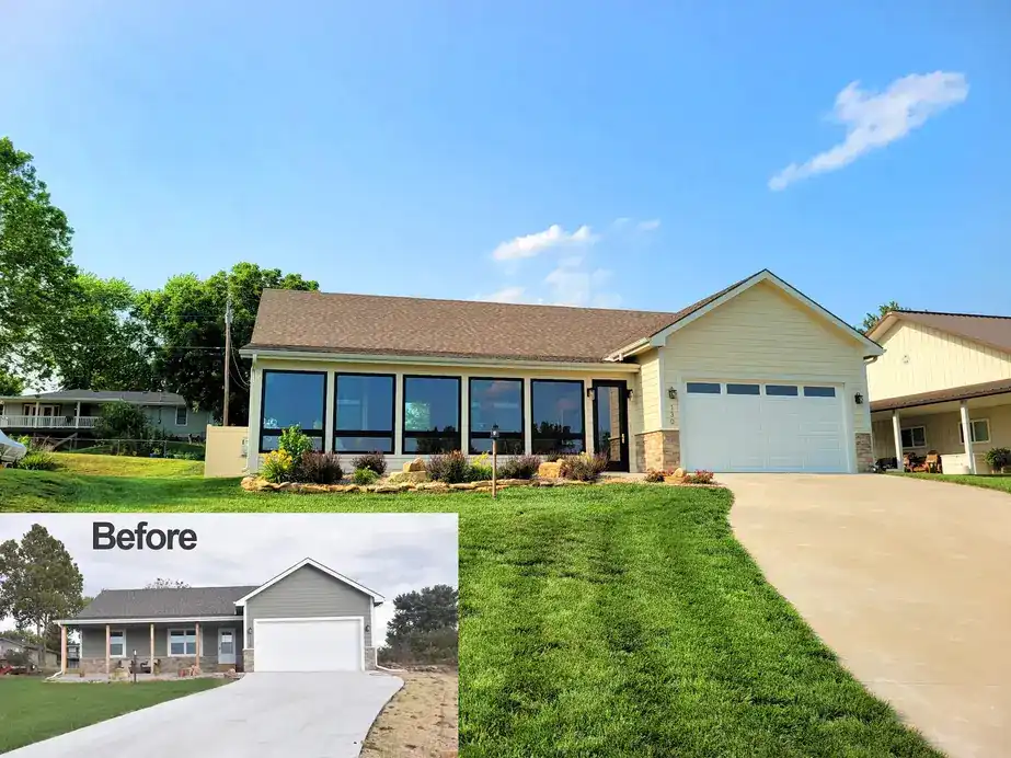 Ranch house exterior after new windows, doors and siding